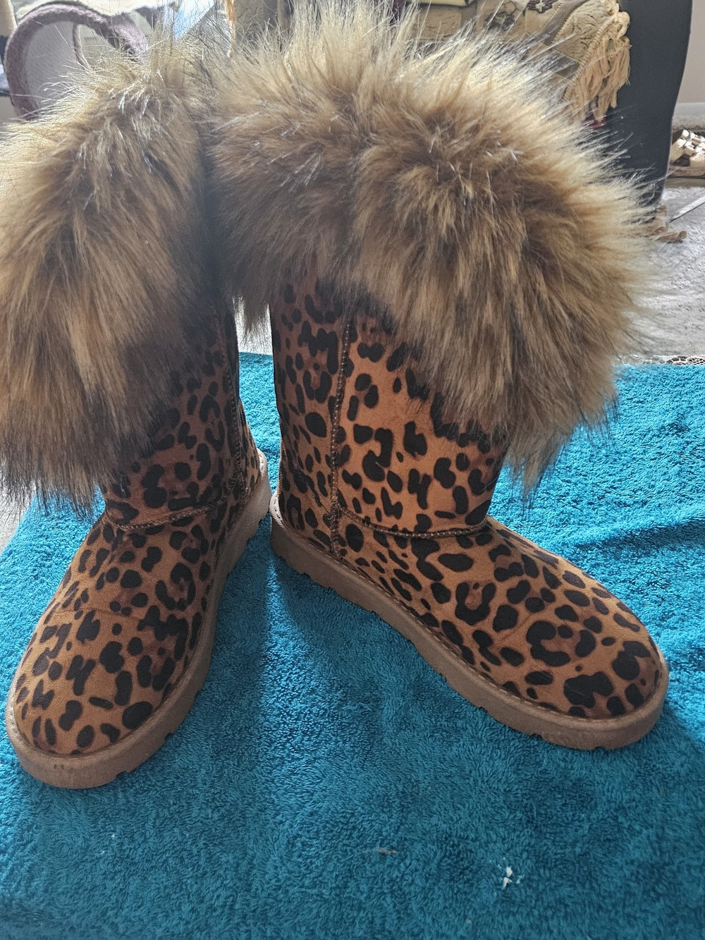 Leopard Print Faux Fur-Trim Winter Boots